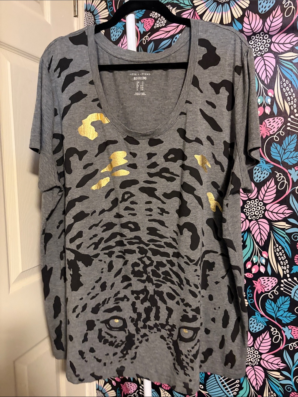Addition Elle Gray Short Sleeve Tee with Black Leopard Print and Gold Accents